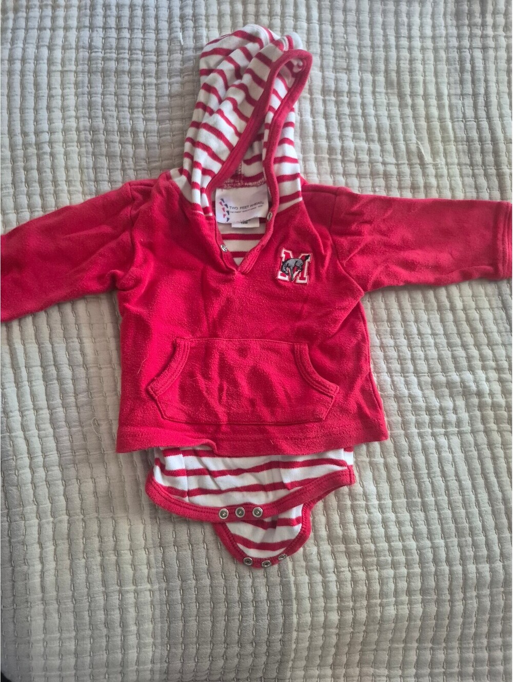Two Feet Ahead Baby Hoodie Bodysuit Red and White Stripes 12M